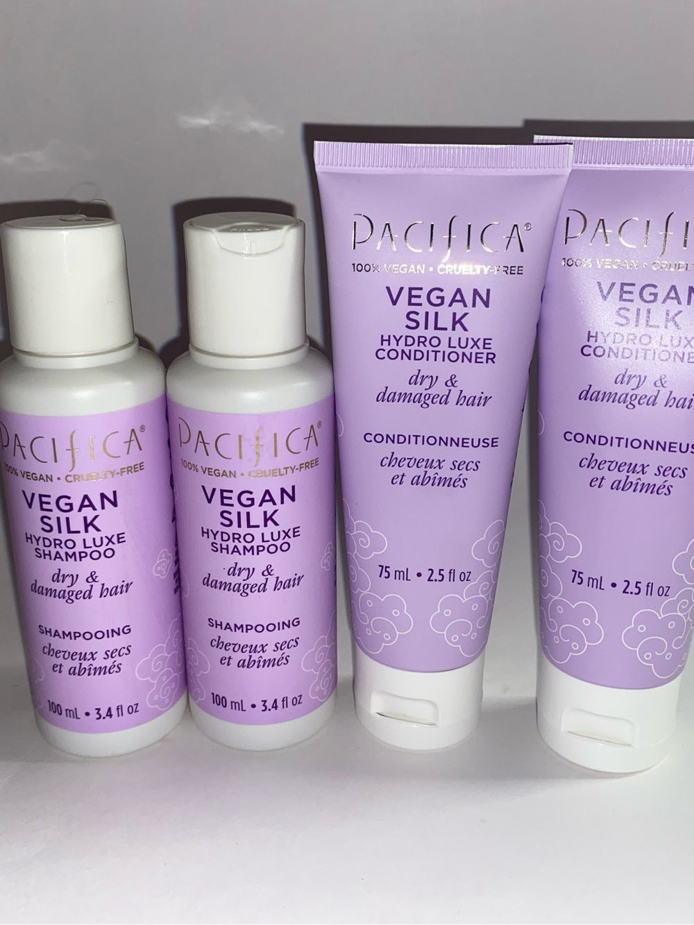 4 Pack Pacifica Vegan Silk Hydro Luxe Shampoo 3.4 oz & Conditioner 2.5 oz SET